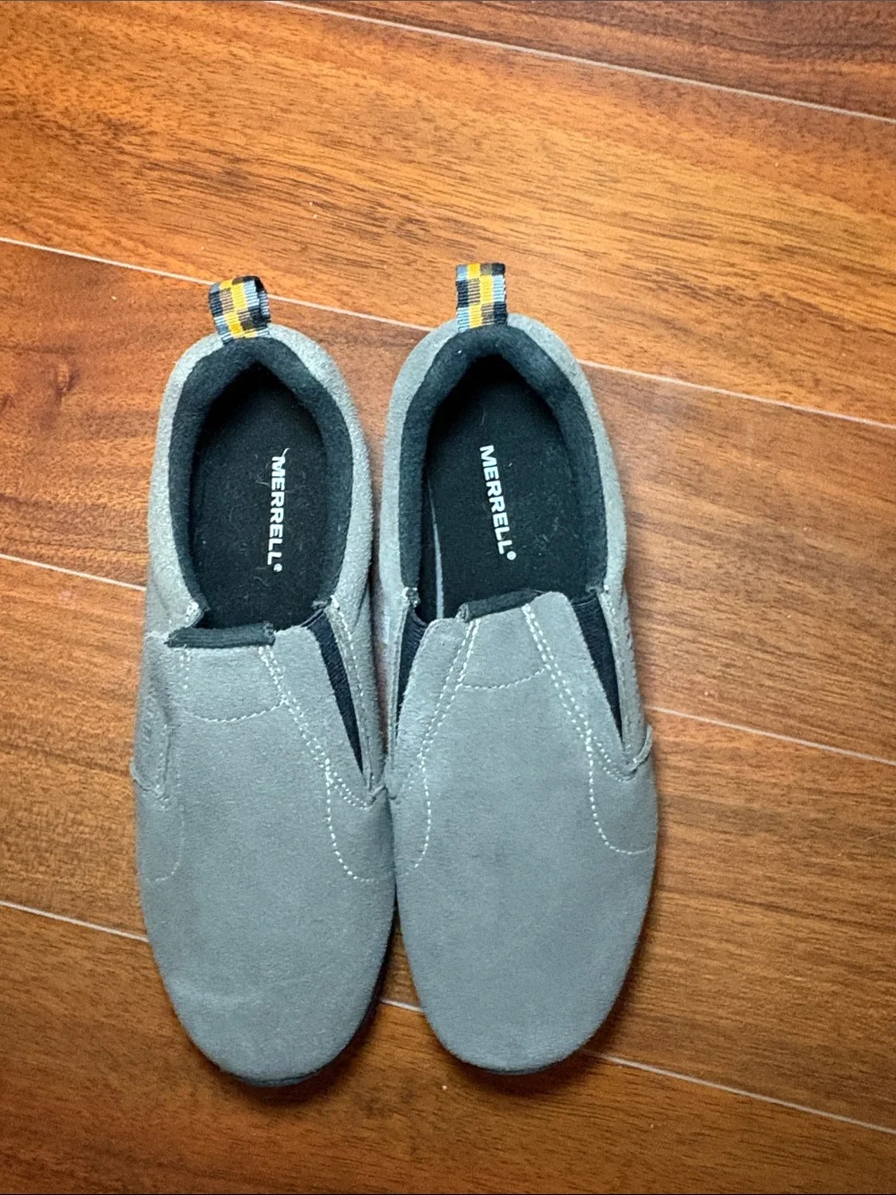 Merrell Men’s Gray Suede Slip-On Shoes with Yellow Heel Tabs